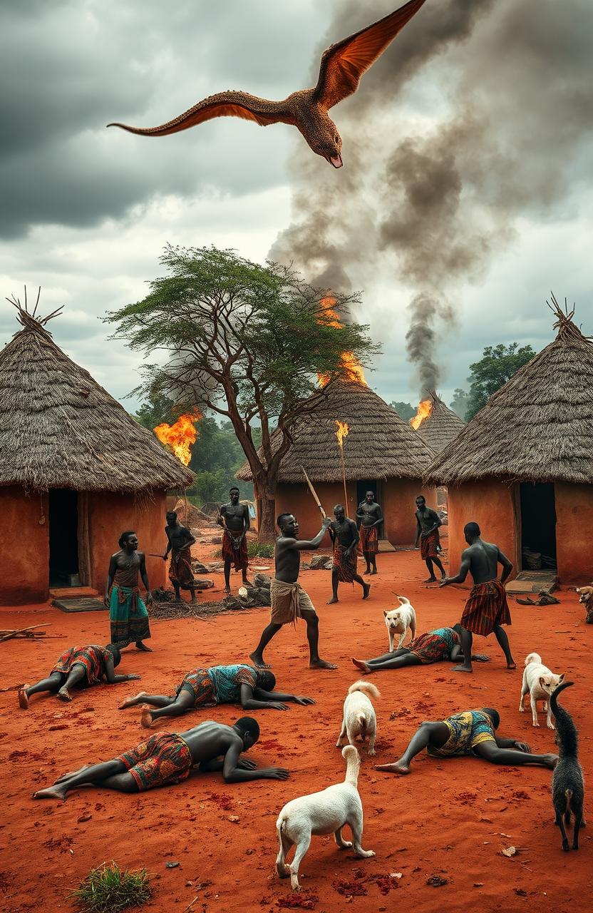 A dramatic scene set in a traditional African homestead featuring seven round huts made of mud and thatch