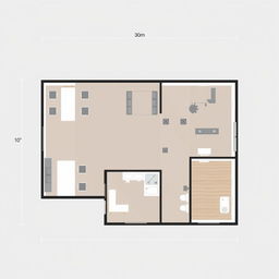 A detailed floor plan design for a modern office space measuring 30 meters in width and 10 meters in length