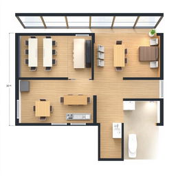 A detailed floor plan design for a modern office space measuring 30 meters in width and 10 meters in length