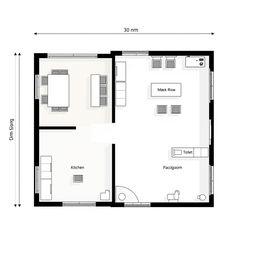 A detailed floor plan design for a modern office space measuring 30 meters in width and 10 meters in length