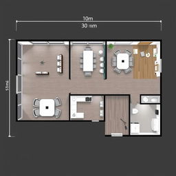 A detailed floor plan design for a modern office space measuring 30 meters in width and 10 meters in length