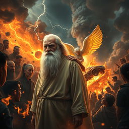 A vivid scene depicting an elderly man with a long white beard, exuding serenity and calmness amidst chaos