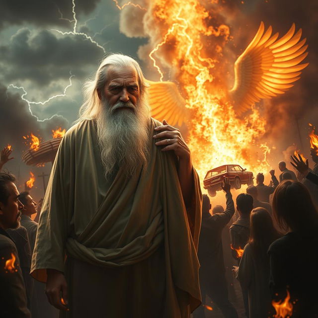 A vivid scene depicting an elderly man with a long white beard, exuding serenity and calmness amidst chaos