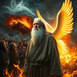 A vivid scene depicting an elderly man with a long white beard, exuding serenity and calmness amidst chaos