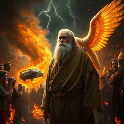 A vivid scene depicting an elderly man with a long white beard, exuding serenity and calmness amidst chaos