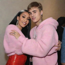 Justin Bieber sharing a warm and friendly hug with Cardi B