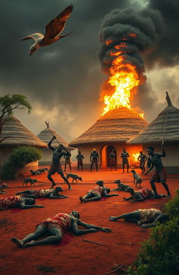 A dramatic scene of chaos at a chief's homestead featuring seven round huts