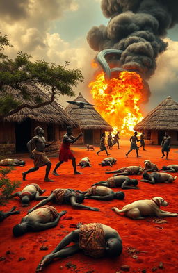 A dramatic scene of chaos at a chief's homestead featuring seven round huts