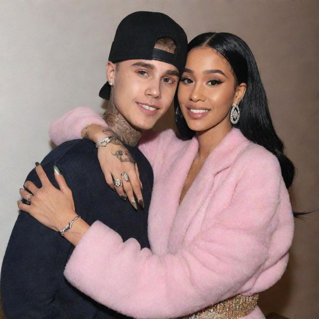 Justin Bieber sharing a warm and friendly hug with Cardi B