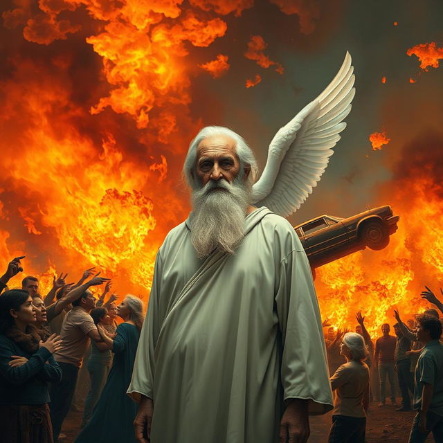 A serene elderly man with a long white beard, dressed in a simple, flowing robe, stands calmly amidst a chaotic scene of raging flames and frightened onlookers