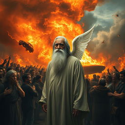 A serene elderly man with a long white beard, dressed in a simple, flowing robe, stands calmly amidst a chaotic scene of raging flames and frightened onlookers