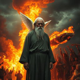 A serene elderly man with a long white beard, dressed in a simple, flowing robe, stands calmly amidst a chaotic scene of raging flames and frightened onlookers