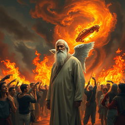 A serene elderly man with a long white beard, dressed in a simple, flowing robe, stands calmly amidst a chaotic scene of raging flames and frightened onlookers