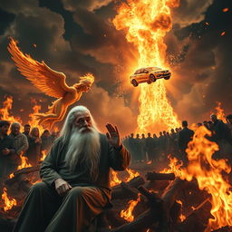 A serene elderly man with a long, white beard sits peacefully, his expression calm amidst chaos