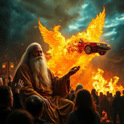 A serene elderly man with a long, white beard sits peacefully, his expression calm amidst chaos