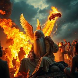 A serene elderly man with a long, white beard sits peacefully, his expression calm amidst chaos