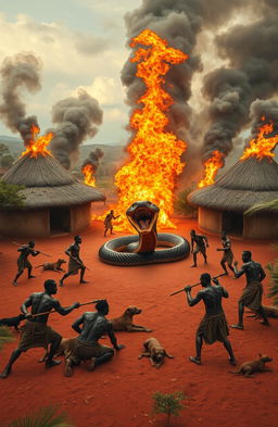 A dramatic scene depicting a traditional African village chief's homestead with seven round huts