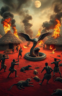 A dramatic scene depicting a traditional African village chief's homestead with seven round huts