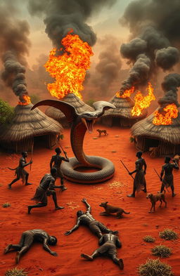 A dramatic scene depicting a traditional African village chief's homestead with seven round huts