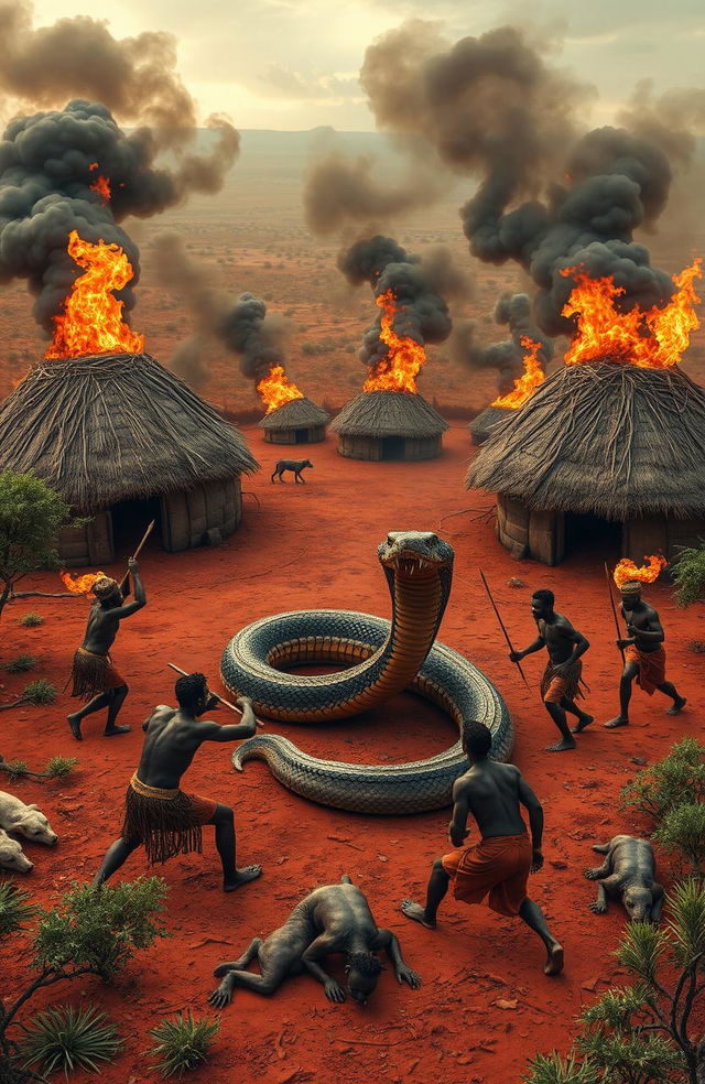 A dramatic scene depicting a traditional African village chief's homestead with seven round huts