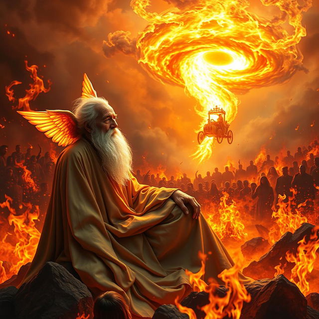 A vivid scene depicting an elderly man with a long white beard, sitting serenely amidst an intense inferno