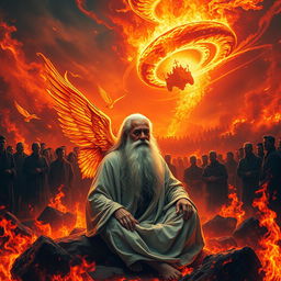A vivid scene depicting an elderly man with a long white beard, sitting serenely amidst an intense inferno