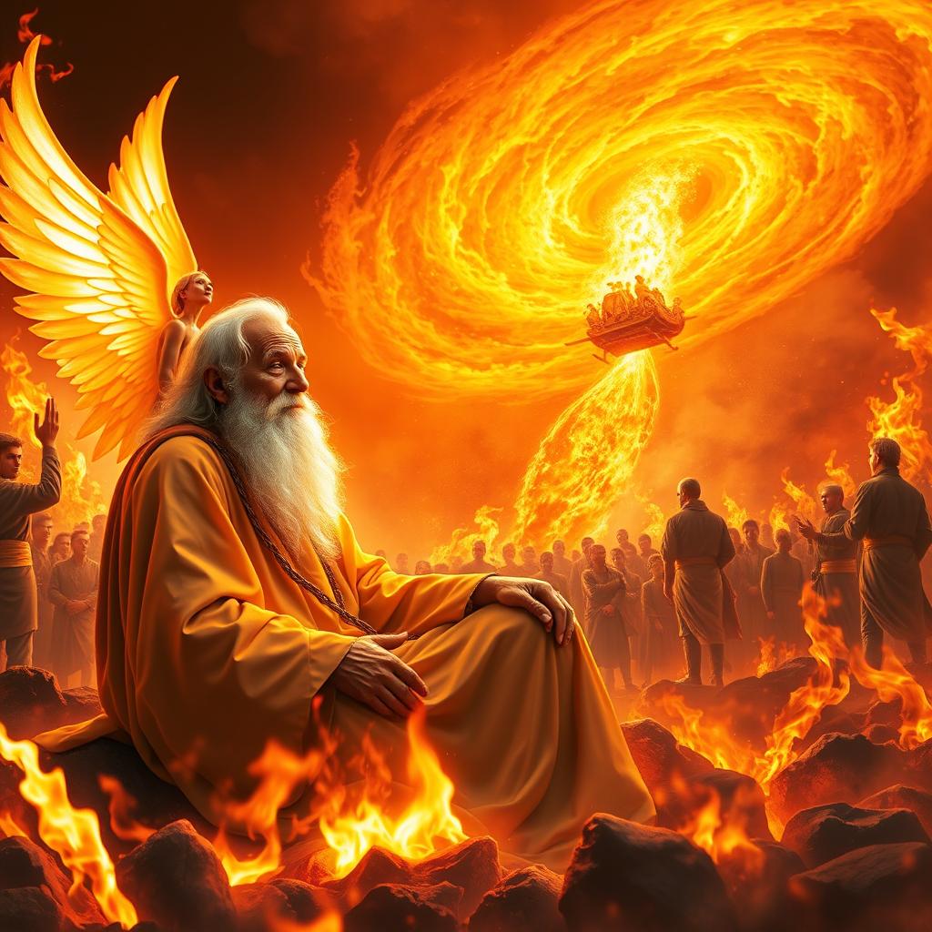 A vivid scene depicting an elderly man with a long white beard, sitting serenely amidst an intense inferno