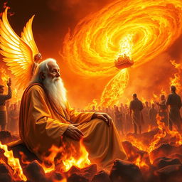 A vivid scene depicting an elderly man with a long white beard, sitting serenely amidst an intense inferno