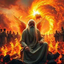 A vivid scene depicting an elderly man with a long white beard, sitting serenely amidst an intense inferno
