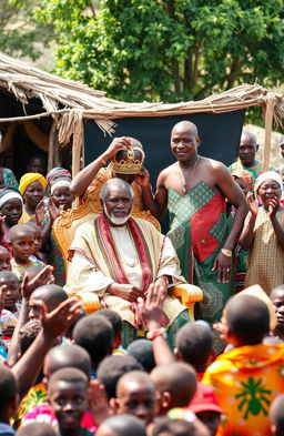 At a vibrant chief's camp, surrounded by traditional African people including both children and adults, an elderly man around 60 years old is seated majestically on a golden chair