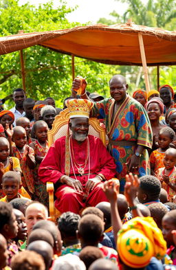 At a vibrant chief's camp, surrounded by traditional African people including both children and adults, an elderly man around 60 years old is seated majestically on a golden chair