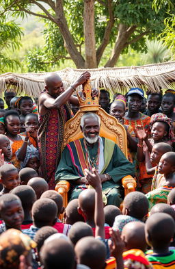 At a vibrant chief's camp, surrounded by traditional African people including both children and adults, an elderly man around 60 years old is seated majestically on a golden chair