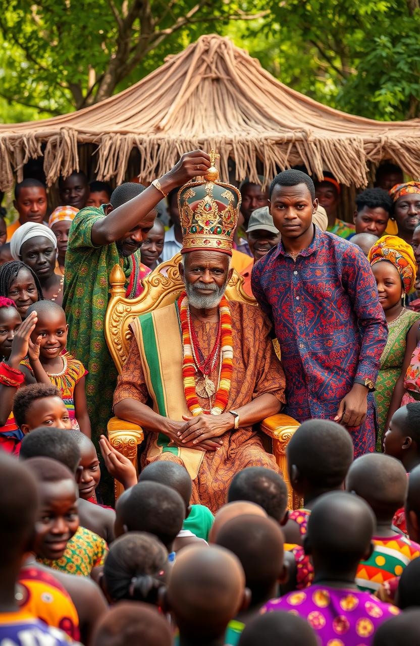 At a vibrant chief's camp, surrounded by traditional African people including both children and adults, an elderly man around 60 years old is seated majestically on a golden chair