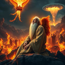 In a vivid scene, an elderly man with a long, flowing white beard sits serenely on a rocky outcrop amidst a surreal landscape engulfed in flames