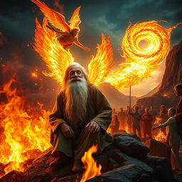 In a vivid scene, an elderly man with a long, flowing white beard sits serenely on a rocky outcrop amidst a surreal landscape engulfed in flames