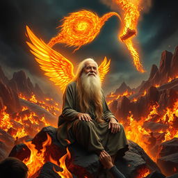In a vivid scene, an elderly man with a long, flowing white beard sits serenely on a rocky outcrop amidst a surreal landscape engulfed in flames