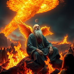 In a vivid scene, an elderly man with a long, flowing white beard sits serenely on a rocky outcrop amidst a surreal landscape engulfed in flames