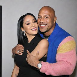 Dwayne Douglas 'The Rock' Johnson enveloping Cardi B in a friendly, tight hug