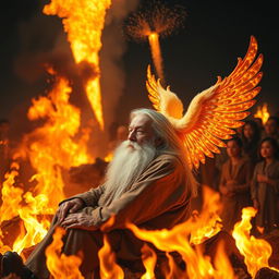 A serene elderly man with a long, flowing white beard sits quietly amidst an intense scene of flames, his expression calm and wise