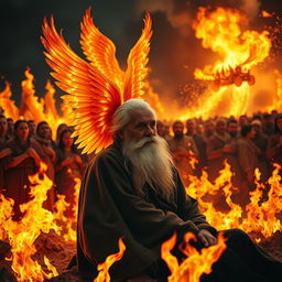 A serene elderly man with a long, flowing white beard sits quietly amidst an intense scene of flames, his expression calm and wise