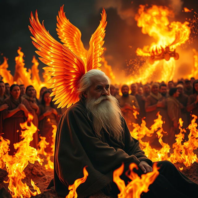 A serene elderly man with a long, flowing white beard sits quietly amidst an intense scene of flames, his expression calm and wise