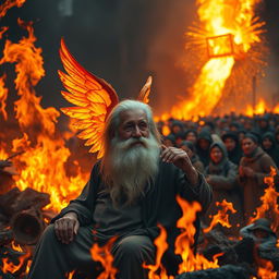 A serene elderly man with a long, flowing white beard sits quietly amidst an intense scene of flames, his expression calm and wise