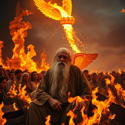 A serene elderly man with a long, flowing white beard sits quietly amidst an intense scene of flames, his expression calm and wise
