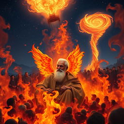 A serene and tranquil older man with a white beard peacefully sitting amidst a raging inferno, a gentle fire angel softly touching his back, their fiery wings glowing with vibrant hues of red, orange, and gold
