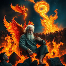 A serene and tranquil older man with a white beard peacefully sitting amidst a raging inferno, a gentle fire angel softly touching his back, their fiery wings glowing with vibrant hues of red, orange, and gold