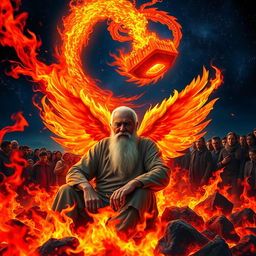 A serene and tranquil older man with a white beard peacefully sitting amidst a raging inferno, a gentle fire angel softly touching his back, their fiery wings glowing with vibrant hues of red, orange, and gold