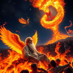 A serene and tranquil older man with a white beard peacefully sitting amidst a raging inferno, a gentle fire angel softly touching his back, their fiery wings glowing with vibrant hues of red, orange, and gold