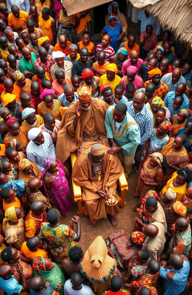 An aerial view of a vibrant chiefs camp in Africa filled with a large crowd of traditional African people, both children and adults, dressed in colorful, traditional attires