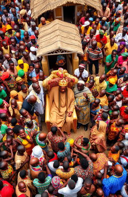An aerial view of a vibrant chiefs camp in Africa filled with a large crowd of traditional African people, both children and adults, dressed in colorful, traditional attires