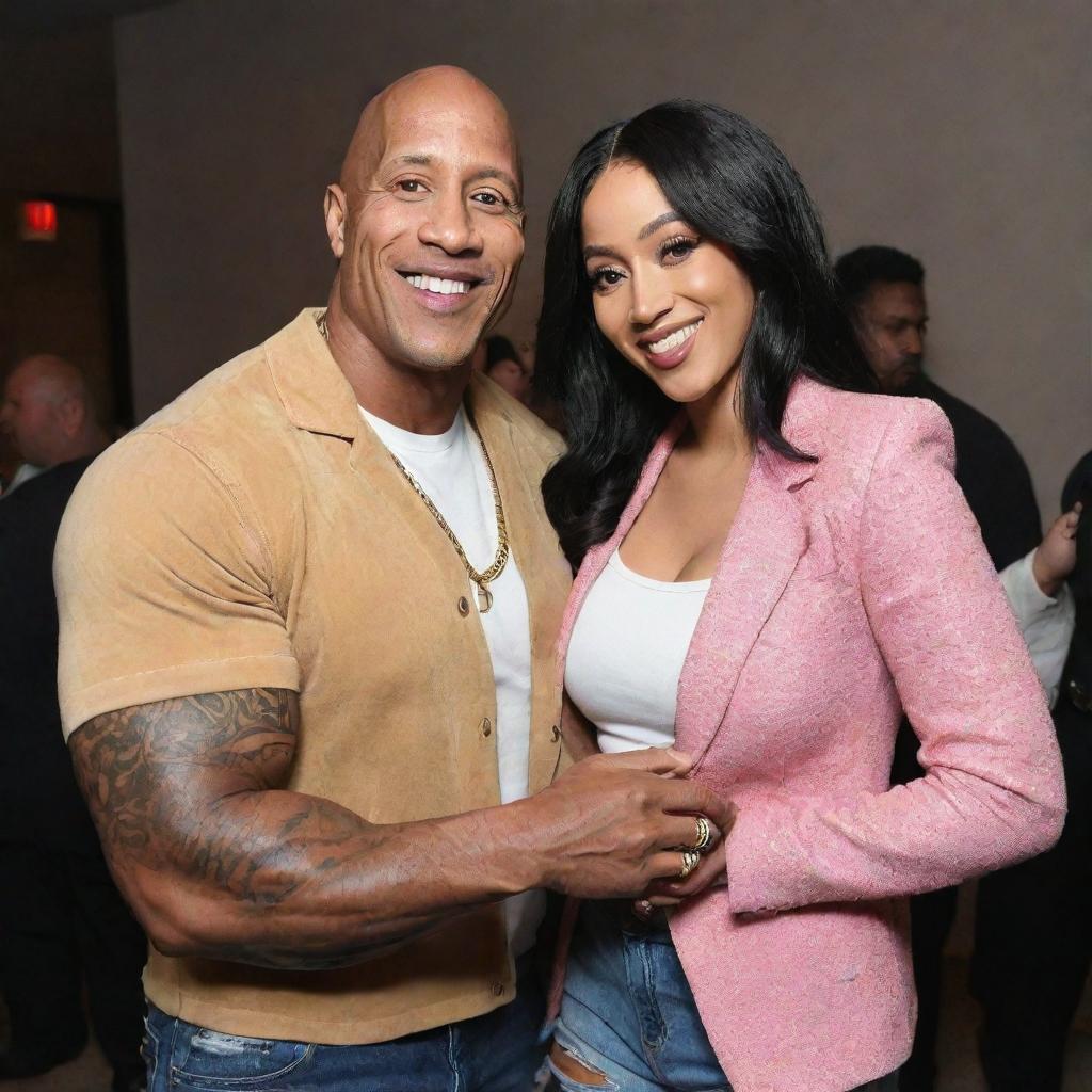 Dwayne Douglas 'The Rock' Johnson enveloping Cardi B in a friendly, tight hug